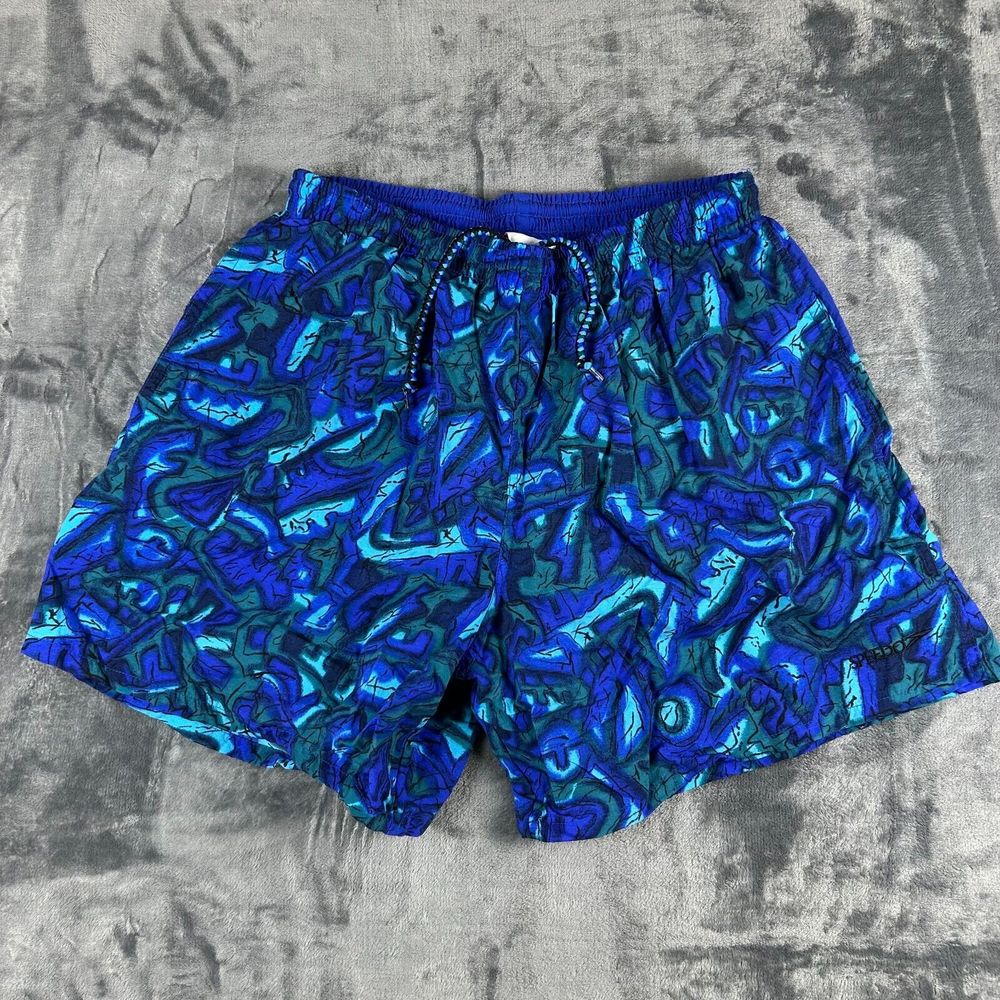 Vintage Speedo Swim Shorts Men’s Blue Abstract Geometric 90s Nylon Lined‎ Trunks